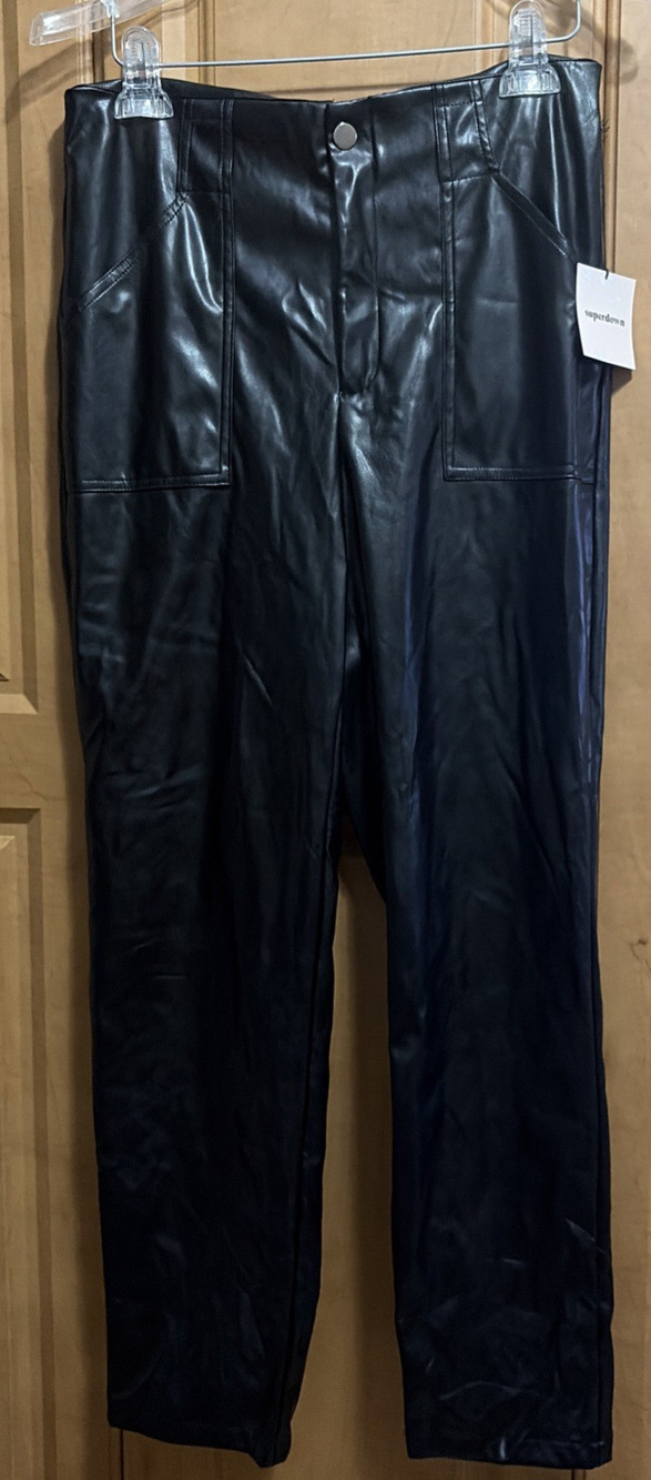 Superdown Black High Rise Faux Leather Coated Straight Leg Pants Sz L